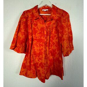 Charter Club Luxury Womens Orange Floral Linen-Blend Button-Front Blouse XL NWOT